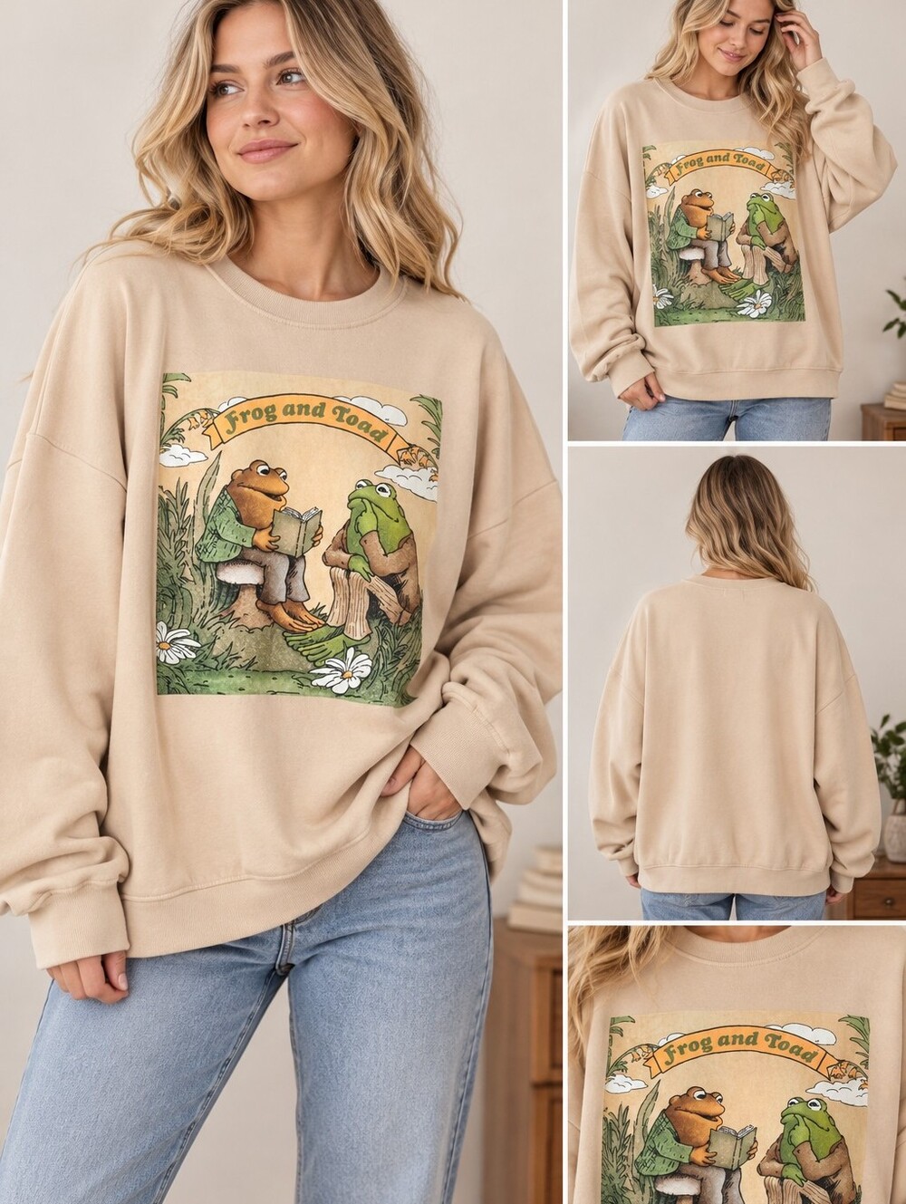 Frog and Toad Reading Crewneck Sweatshirt Beige Oversized Bookish 2XL NWT